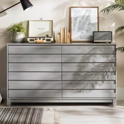 58 in W. 6 Drawer Grey Solid Wood Modern Panel Dresser by Welwick Designs