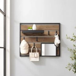 Knotty Driftwood/Black Wood and Metal Industrial Wall Organizer with Hooks by Welwick Designs