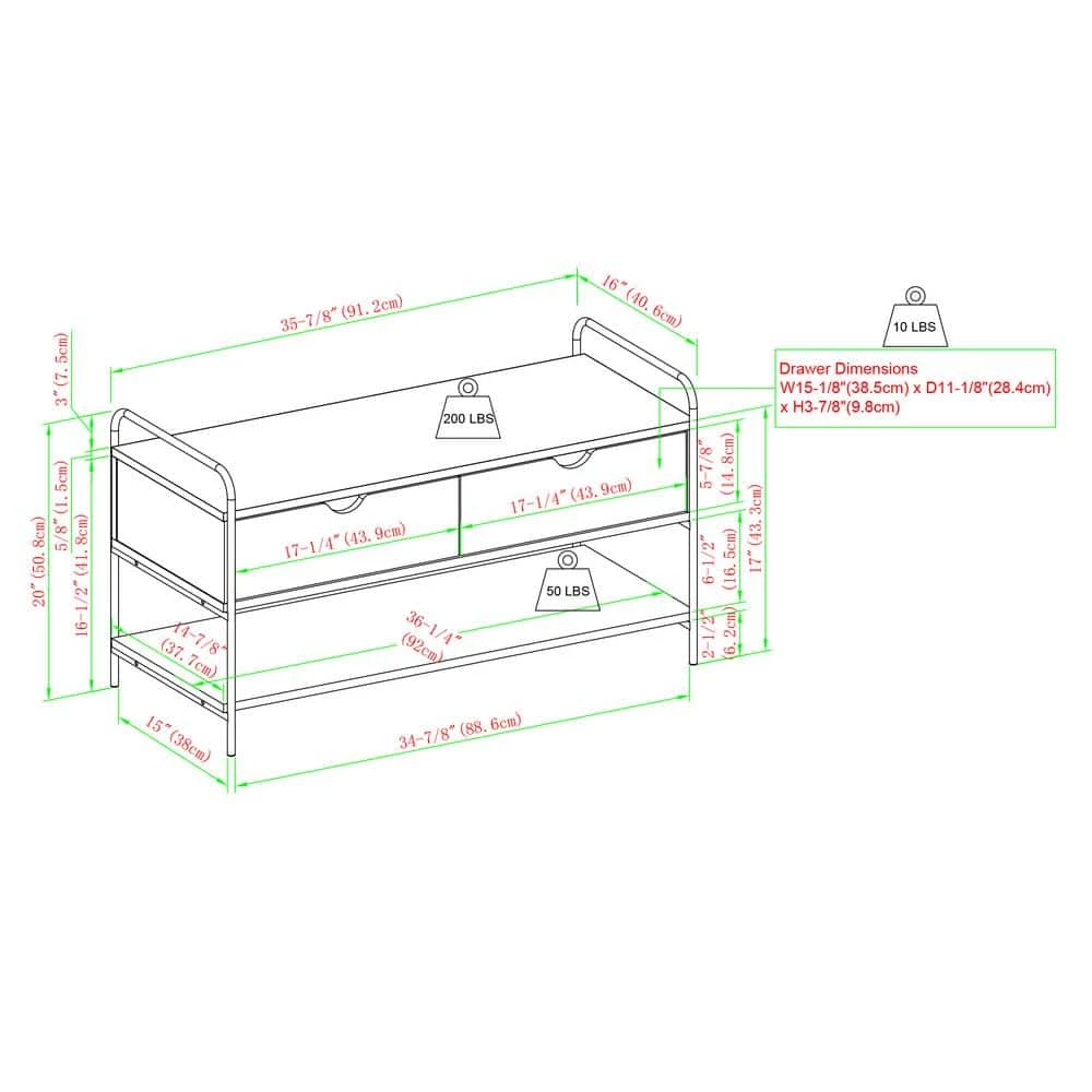 Natural Walnut Industrial Metal and Wood 2-Drawer Storage Bench with Lower Shelf (20 in. H x 36 in. W x 16 in. D) by Welwick Designs 3 Natural Walnut Industrial Metal and Wood 2-Drawer Storage Bench with Lower Shelf (20 in. H x 36 in. W x 16 in. D) by Welwick Designs - Image 3