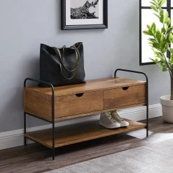 Natural Walnut Industrial Metal and Wood 2-Drawer Storage Bench with Lower Shelf (20 in. H x 36 in. W x 16 in. D) by Welwick Designs