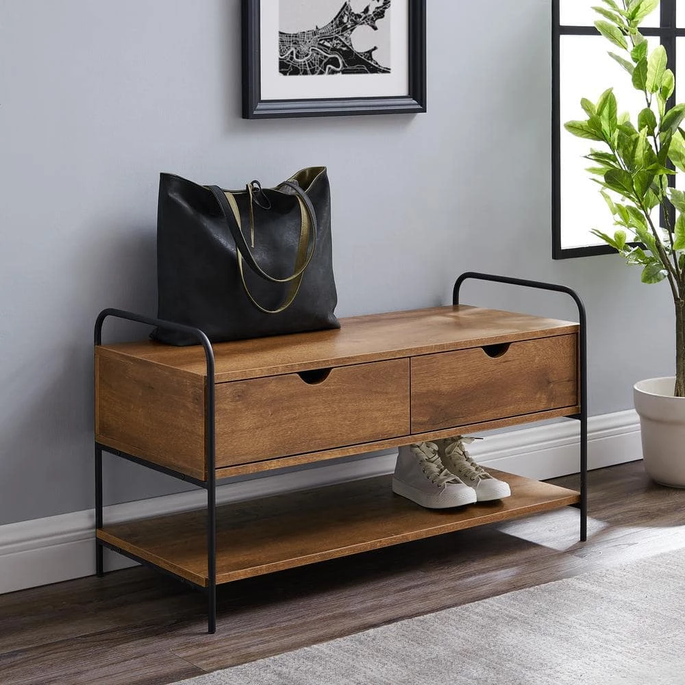 Natural Walnut Industrial Metal and Wood 2-Drawer Storage Bench with Lower Shelf (20 in. H x 36 in. W x 16 in. D) by Welwick Designs 1 Natural Walnut Industrial Metal and Wood 2-Drawer Storage Bench with Lower Shelf (20 in. H x 36 in. W x 16 in. D) by Welwick Designs