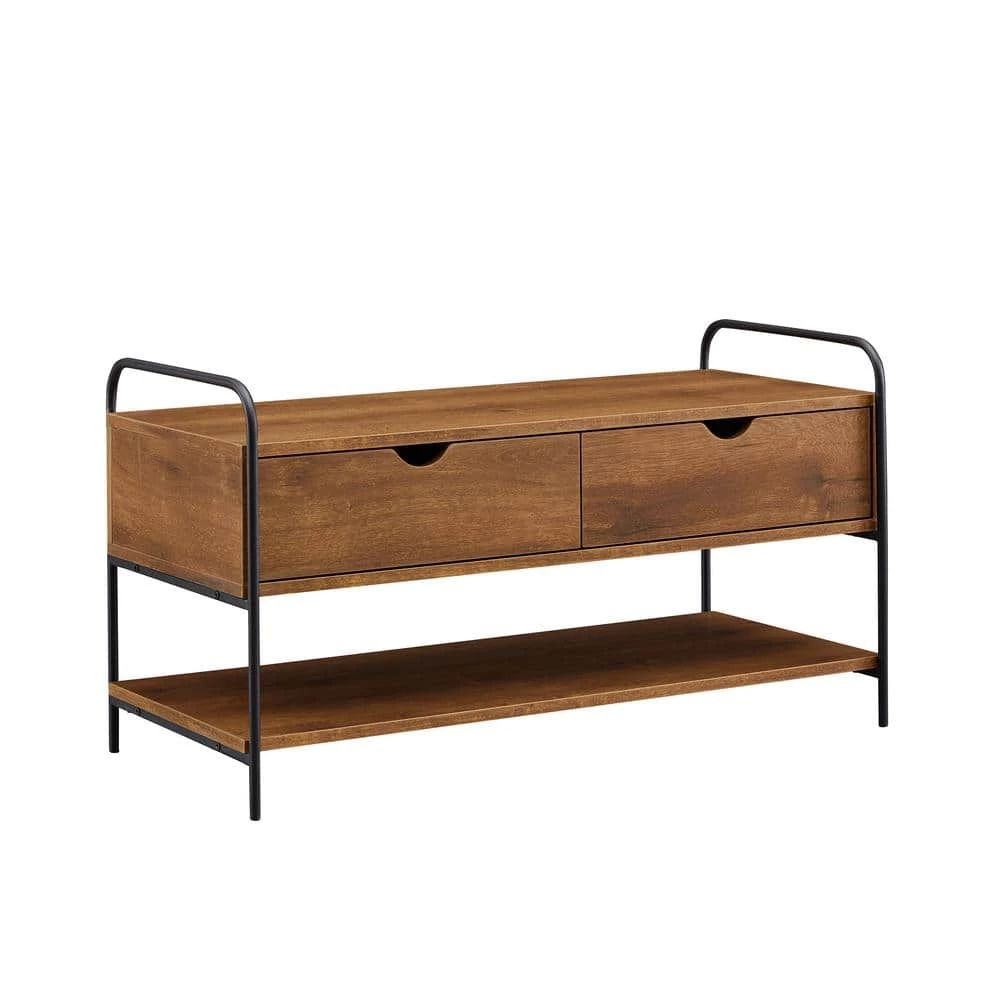 Natural Walnut Industrial Metal and Wood 2-Drawer Storage Bench with Lower Shelf (20 in. H x 36 in. W x 16 in. D) by Welwick Designs 4 Natural Walnut Industrial Metal and Wood 2-Drawer Storage Bench with Lower Shelf (20 in. H x 36 in. W x 16 in. D) by Welwick Designs - Image 4