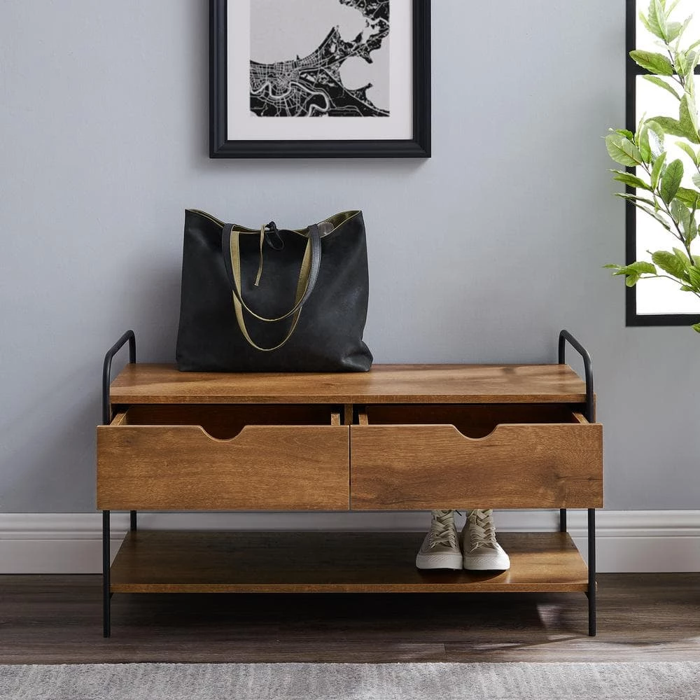 Natural Walnut Industrial Metal and Wood 2-Drawer Storage Bench with Lower Shelf (20 in. H x 36 in. W x 16 in. D) by Welwick Designs 2 Natural Walnut Industrial Metal and Wood 2-Drawer Storage Bench with Lower Shelf (20 in. H x 36 in. W x 16 in. D) by Welwick Designs - Image 2