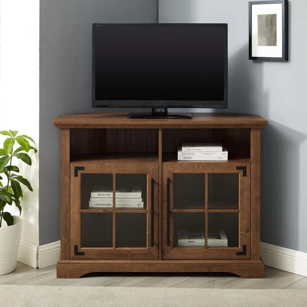 44 in. Natural Walnut Wood and Glass Transitional Farmhouse Window Pane Door Corner TV Stand Fits TVs up to 50 in. by Welwick Designs 9 44 in. Natural Walnut Wood and Glass Transitional Farmhouse Window Pane Door Corner TV Stand Fits TVs up to 50 in. by Welwick Designs - Image 9
