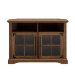 44 in. Natural Walnut Wood and Glass Transitional Farmhouse Window Pane Door Corner TV Stand Fits TVs up to 50 in. by Welwick Designs