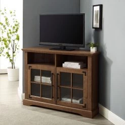 44 in. Natural Walnut Wood and Glass Transitional Farmhouse Window Pane Door Corner TV Stand Fits TVs up to 50 in. by Welwick Designs 16 44 in. Natural Walnut Wood and Glass Transitional Farmhouse Window Pane Door Corner TV Stand Fits TVs up to 50 in. by Welwick Designs -Deals Welwick Designs Store natural walnut welwick designs tv stands hd9055 76 1000