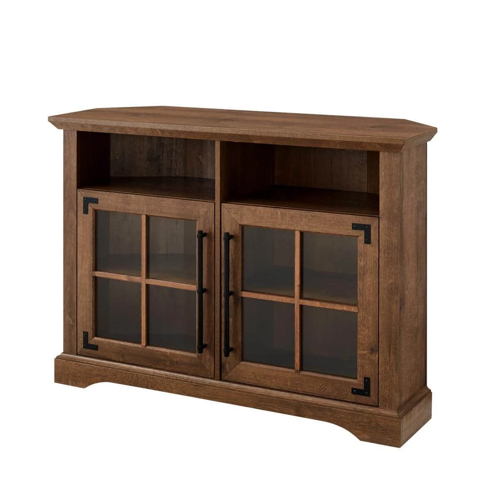 44 in. Natural Walnut Wood and Glass Transitional Farmhouse Window Pane Door Corner TV Stand Fits TVs up to 50 in. by Welwick Designs 4 44 in. Natural Walnut Wood and Glass Transitional Farmhouse Window Pane Door Corner TV Stand Fits TVs up to 50 in. by Welwick Designs - Image 4