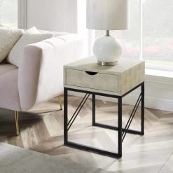 18 in. off White Faux Shagreen Wood and Metal Modern Glam 1-Drawer Side Table by Welwick Designs
