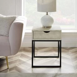 18 in. off White Faux Shagreen Wood and Metal Modern Glam 1-Drawer Side Table by Welwick Designs -Deals Welwick Designs Store off white welwick designs end side tables hd8800 c3 1000