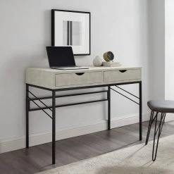 44 in. Rectangular Off White Faux Shagreen Wood and Metal 2-Drawer Writing Desk by Welwick Designs