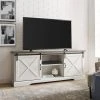 70 in. Reclaimed Barnwood and Brushed White Wood and Metal TV Stand with Sliding X Barn Doors (Max tv size 80 in.) by Welwick Designs