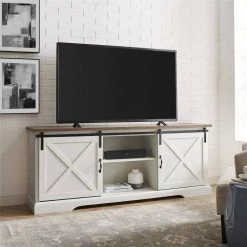 70 in. Reclaimed Barnwood and Brushed White Wood and Metal TV Stand with Sliding X Barn Doors (Max tv size 80 in.) by Welwick Designs