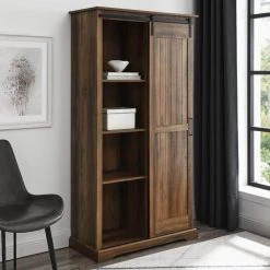 Reclaimed Barnwood and Metal Farmhouse Storage Cabinet with Grooved Sliding Door by Welwick Designs