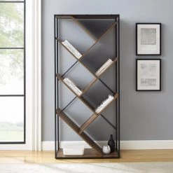 68 in. Reclaimed Barnwood Wood and Metal 6-Shelf V Bookcase with Angled Shelves by Welwick Designs