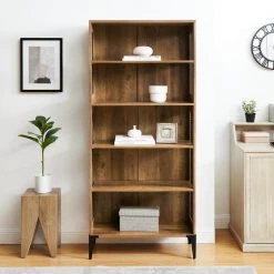 68 in. Reclaimed Barnwood and Metal Mesh Industrial 4-Shelf Standard Bookcase with 3-Adjustable Shelves by Welwick Designs