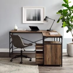 L-Shaped Rustic Oak and Metal Industrial 2-Drawer Computer Desk with File Storage by Welwick Designs
