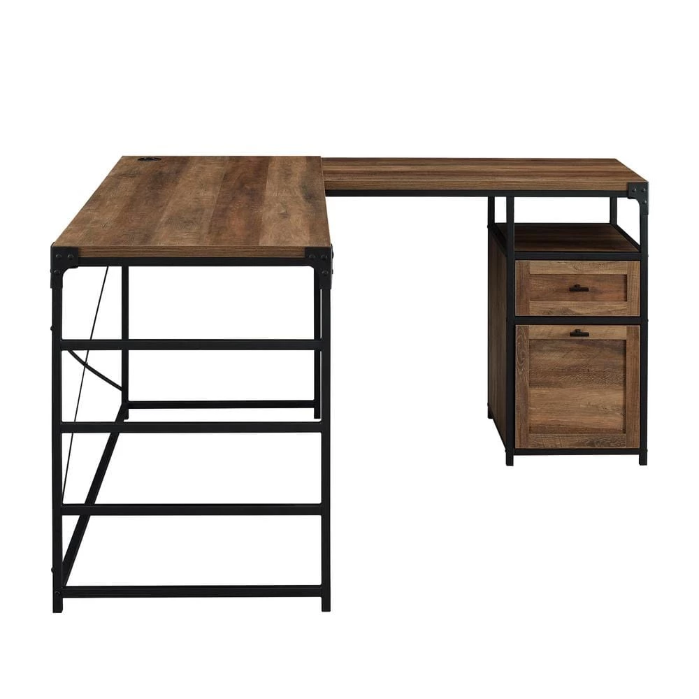 L-Shaped Rustic Oak and Metal Industrial 2-Drawer Computer Desk with File Storage by Welwick Designs 4 L-Shaped Rustic Oak and Metal Industrial 2-Drawer Computer Desk with File Storage by Welwick Designs - Image 4