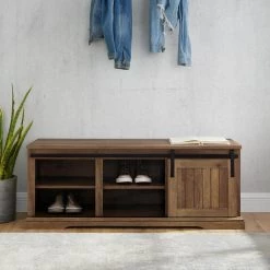 48 in. Reclaimed Barnwood Sliding Grooved Door Entry Bench by Welwick Designs