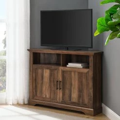 44 in. Reclaimed Barnwood Composite Corner TV Stand Fits TVs Up to 48 in. with Storage Doors by Welwick Designs