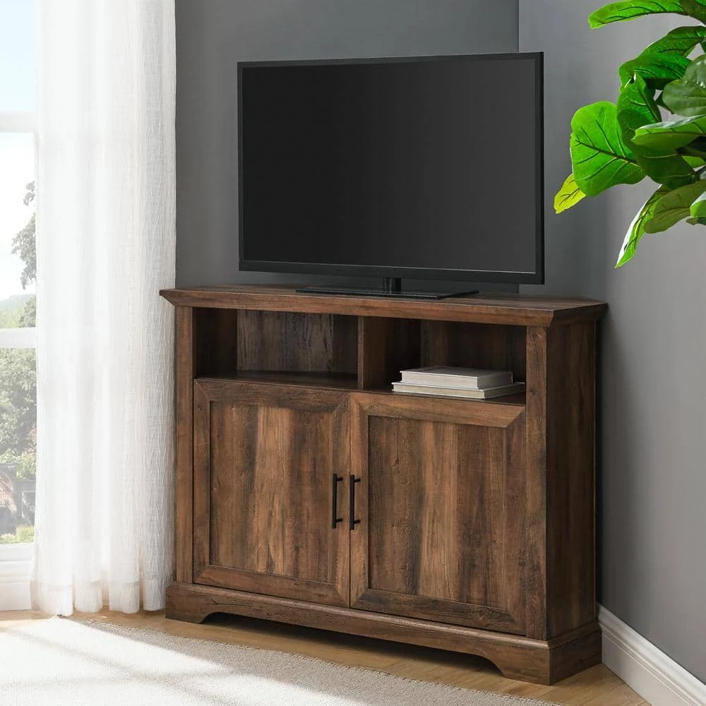44 in. Reclaimed Barnwood Composite Corner TV Stand Fits TVs Up to 48 in. with Storage Doors by Welwick Designs 1 44 in. Reclaimed Barnwood Composite Corner TV Stand Fits TVs Up to 48 in. with Storage Doors by Welwick Designs