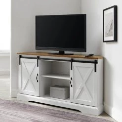 52 in. Reclaimed Barnwood and Solid White Wood Farmhouse Corner TV Stand with 2-Sliding Barn Doors fits TVs up to 58 in. by Welwick Designs