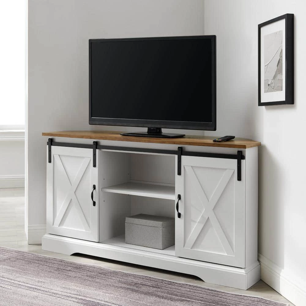 52 in. Reclaimed Barnwood and Solid White Wood Farmhouse Corner TV Stand with 2-Sliding Barn Doors fits TVs up to 58 in. by Welwick Designs 1 52 in. Reclaimed Barnwood and Solid White Wood Farmhouse Corner TV Stand with 2-Sliding Barn Doors fits TVs up to 58 in. by Welwick Designs