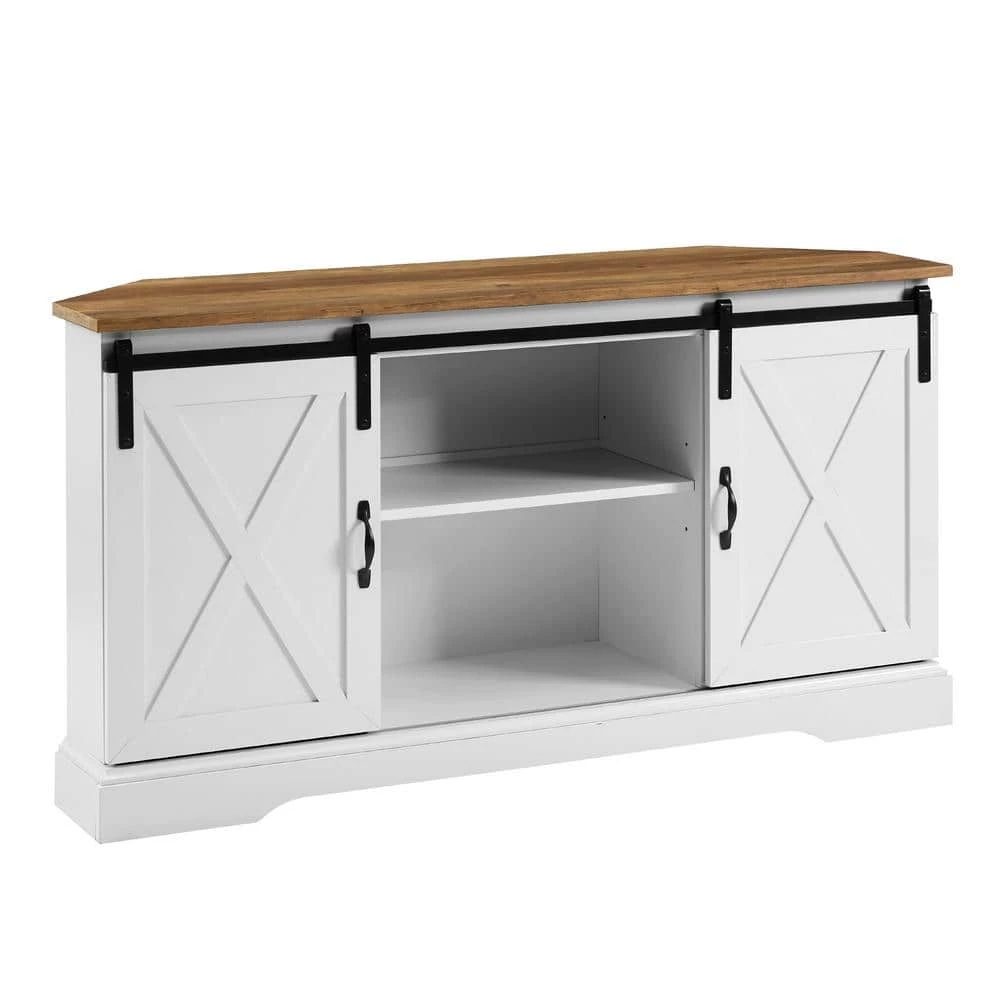 52 in. Reclaimed Barnwood and Solid White Wood Farmhouse Corner TV Stand with 2-Sliding Barn Doors fits TVs up to 58 in. by Welwick Designs 4 52 in. Reclaimed Barnwood and Solid White Wood Farmhouse Corner TV Stand with 2-Sliding Barn Doors fits TVs up to 58 in. by Welwick Designs - Image 4