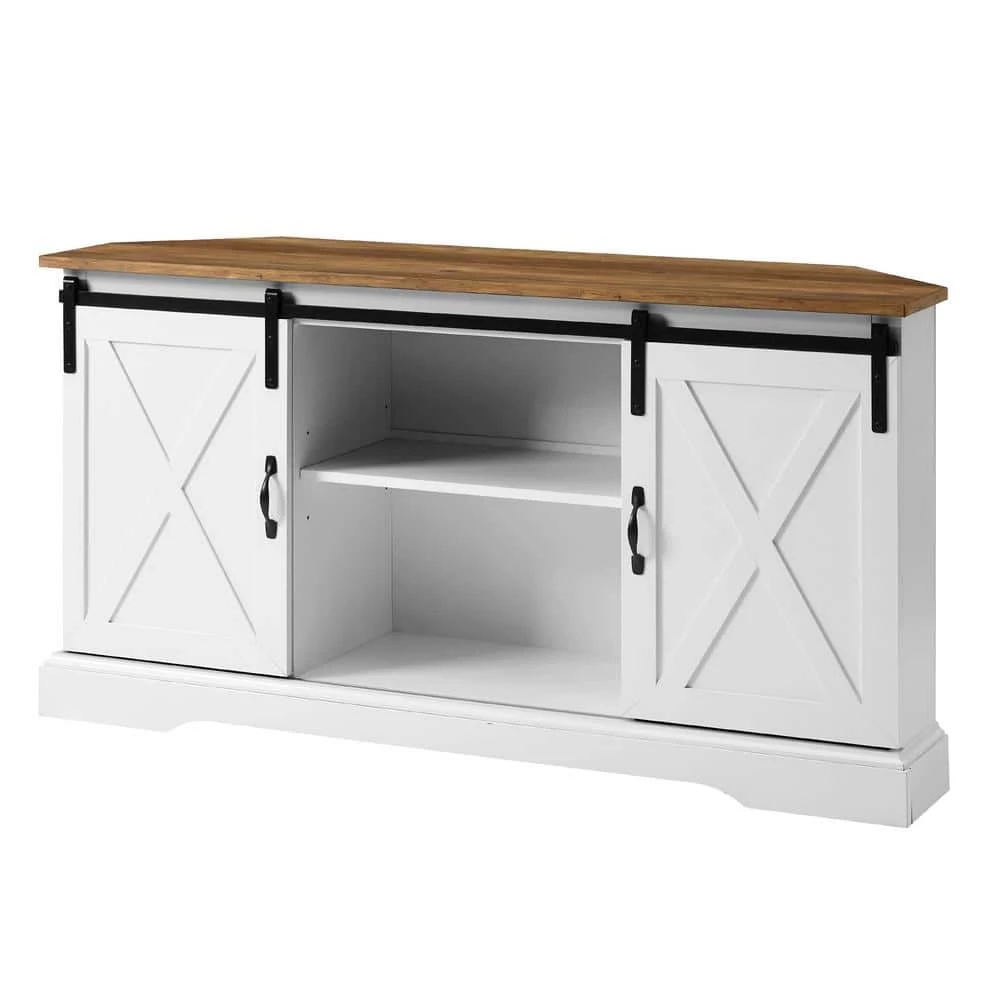 52 in. Reclaimed Barnwood and Solid White Wood Farmhouse Corner TV Stand with 2-Sliding Barn Doors fits TVs up to 58 in. by Welwick Designs 2 52 in. Reclaimed Barnwood and Solid White Wood Farmhouse Corner TV Stand with 2-Sliding Barn Doors fits TVs up to 58 in. by Welwick Designs - Image 2