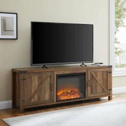 70 in. Reclaimed Barnwood Farmhouse Double Barn Door Fireplace TV Stand Fits TVs up to 80 in. by Welwick Designs