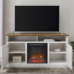60 in. Reclaimed Barnwood and Brushed White Wood X Door TV Stand Fits TVs up to 65 in. with Electric Fireplace by Welwick Designs -Deals Welwick Designs Store rustic oak brushed white welwick designs tv stands hd8758 1d 1000