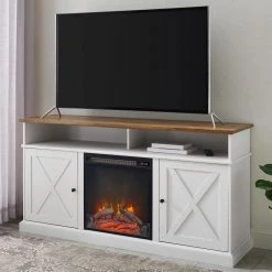 60 in. Reclaimed Barnwood and Brushed White Wood X Door TV Stand Fits TVs up to 65 in. with Electric Fireplace by Welwick Designs