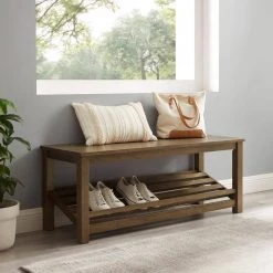 Rustic Oak Solid Wood Entry Bench with Angled Shoe Storage Shelf (18 in. H x 48 in. W x 16 in. D) by Welwick Designs