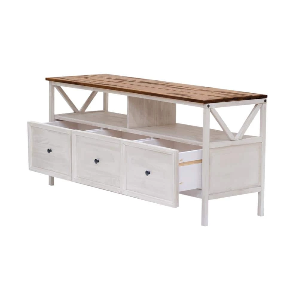 60 in. Rustic Oak/White Wash Distressed Wood Farmhouse 3-Drawer TV Stand Fits TVs up to 65 in. by Welwick Designs 2 60 in. Rustic Oak/White Wash Distressed Wood Farmhouse 3-Drawer TV Stand Fits TVs up to 65 in. by Welwick Designs - Image 2