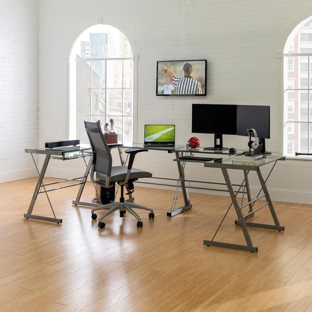 102 in. Metal Glass Top U-Shaped Silver Computer Desks with Keyboard Tray by Welwick Designs 8 102 in. Metal Glass Top U-Shaped Silver Computer Desks with Keyboard Tray by Welwick Designs - Image 8