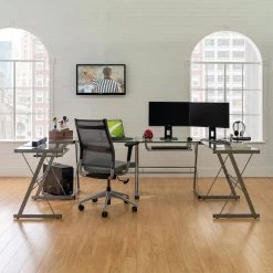 102 in. Metal Glass Top U-Shaped Silver Computer Desks with Keyboard Tray by Welwick Designs