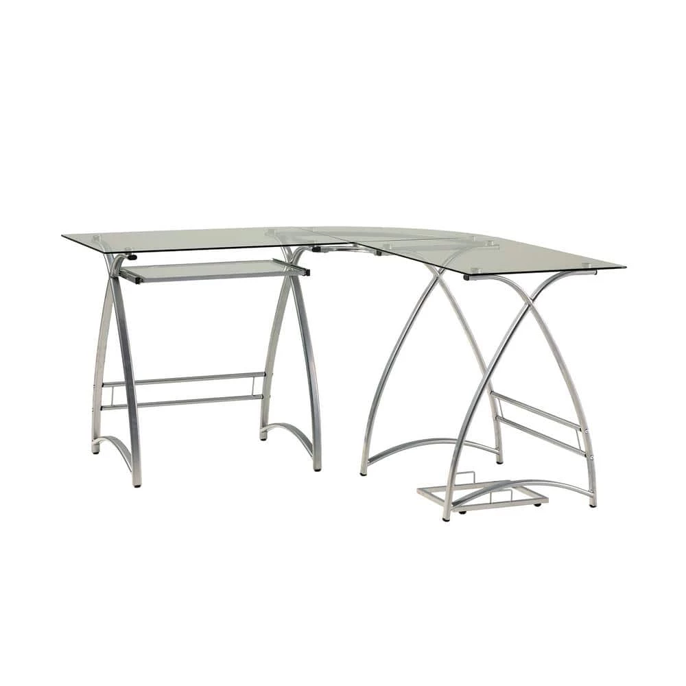 102 in. U-Shaped Silver Metal Glass Top Computer Desks with Keyboard Tray by Welwick Designs 8 102 in. U-Shaped Silver Metal Glass Top Computer Desks with Keyboard Tray by Welwick Designs - Image 8