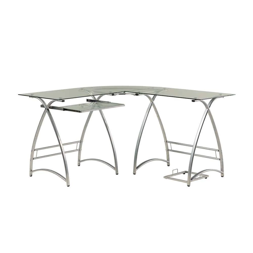 102 in. U-Shaped Silver Metal Glass Top Computer Desks with Keyboard Tray by Welwick Designs 3 102 in. U-Shaped Silver Metal Glass Top Computer Desks with Keyboard Tray by Welwick Designs - Image 3