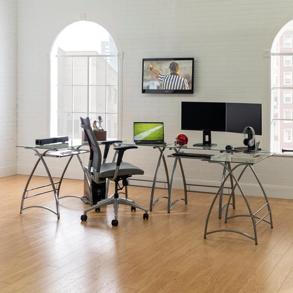 102 in. U-Shaped Silver Metal Glass Top Computer Desks with Keyboard Tray by Welwick Designs 2 102 in. U-Shaped Silver Metal Glass Top Computer Desks with Keyboard Tray by Welwick Designs - Image 2