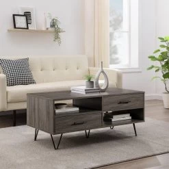 42 in. Slate Grey Rectangle Wood Mid-Century Modern Coffee Table with 2 Drawers by Welwick Designs