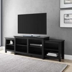 80 in. Solid Black Wood Transitional TV Stand with Open Storage (Max tv size 80 in.) by Welwick Designs