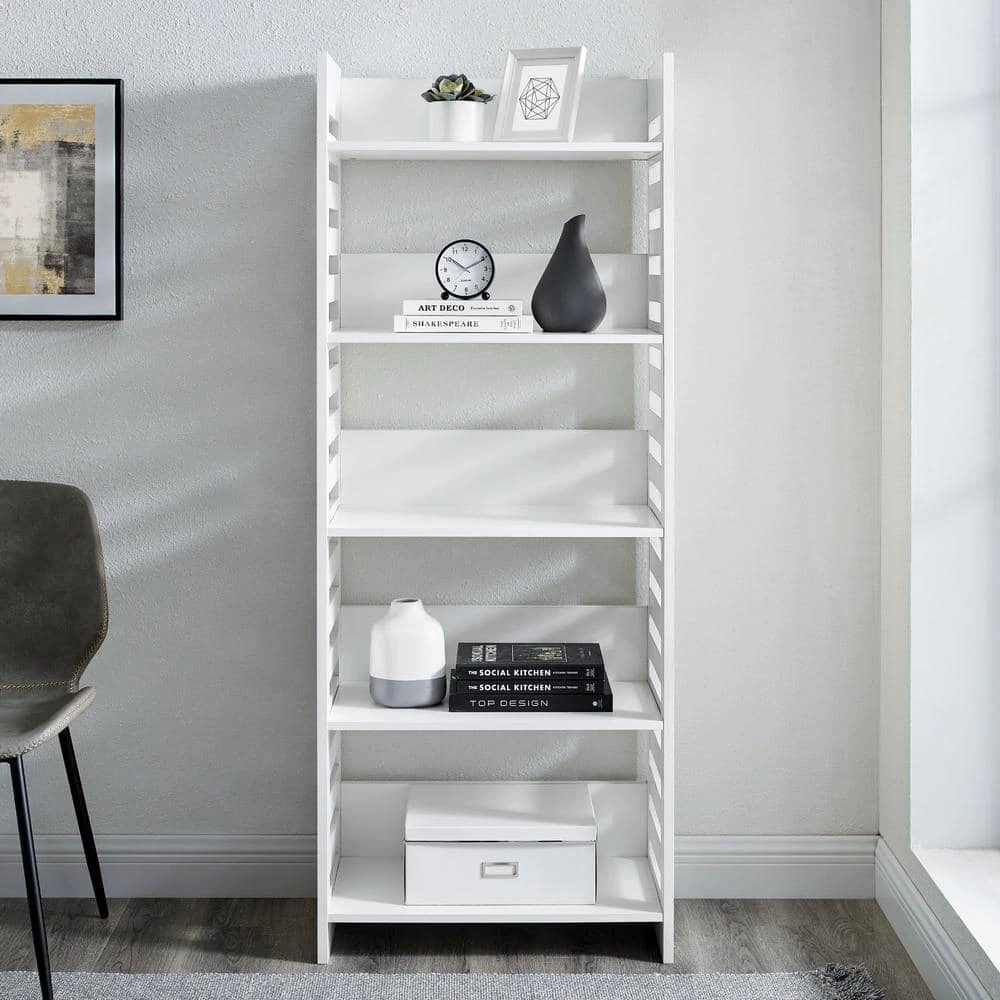 64 in. Solid White Wood Modern Industrial 5-Shelf Slatted Accent Bookcase by Welwick Designs 8 64 in. Solid White Wood Modern Industrial 5-Shelf Slatted Accent Bookcase by Welwick Designs - Image 8