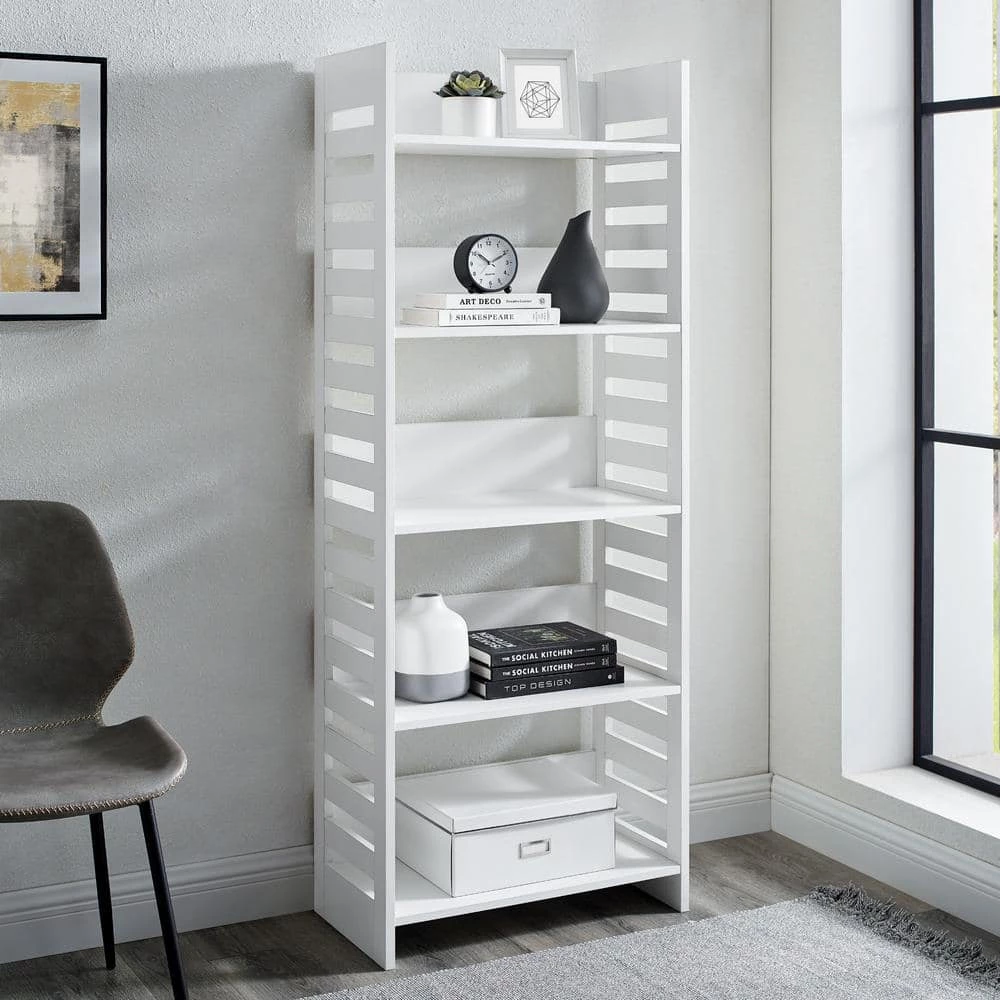 64 in. Solid White Wood Modern Industrial 5-Shelf Slatted Accent Bookcase by Welwick Designs 2 64 in. Solid White Wood Modern Industrial 5-Shelf Slatted Accent Bookcase by Welwick Designs - Image 2