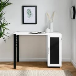 42 in. Rectangular Solid White Wood and Metal Modern 2 Drawer Reversible Computer Desk with Chalkboard Door by Welwick Designs -Deals Welwick Designs Store solid white welwick designs computer desks hd9212 31 1000