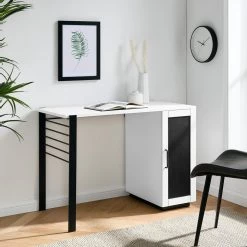 42 in. Rectangular Solid White Wood and Metal Modern 2 Drawer Reversible Computer Desk with Chalkboard Door by Welwick Designs -Deals Welwick Designs Store solid white welwick designs computer desks hd9212 77 1000