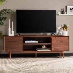 70 in. Walnut Solid Wood Mid Century Modern TV Stand with 2-Doors (Max tv size 80 in.) by Welwick Designs -Deals Welwick Designs Store walnut welwick designs tv stands hd8871 31 1000