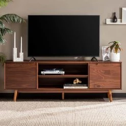 70 in. Walnut Solid Wood Mid Century Modern TV Stand with 2-Doors (Max tv size 80 in.) by Welwick Designs
