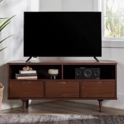 52 in. Walnut Solid Wood Mid Century Modern Corner TV Stand with 3 Drawers Fits TVs up to 58 in. by Welwick Designs 17 52 in. Walnut Solid Wood Mid Century Modern Corner TV Stand with 3 Drawers Fits TVs up to 58 in. by Welwick Designs -Deals Welwick Designs Store walnut welwick designs tv stands hd9118 31 1000