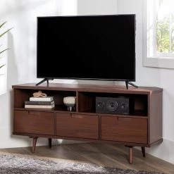 52 in. Walnut Solid Wood Mid Century Modern Corner TV Stand with 3 Drawers Fits TVs up to 58 in. by Welwick Designs