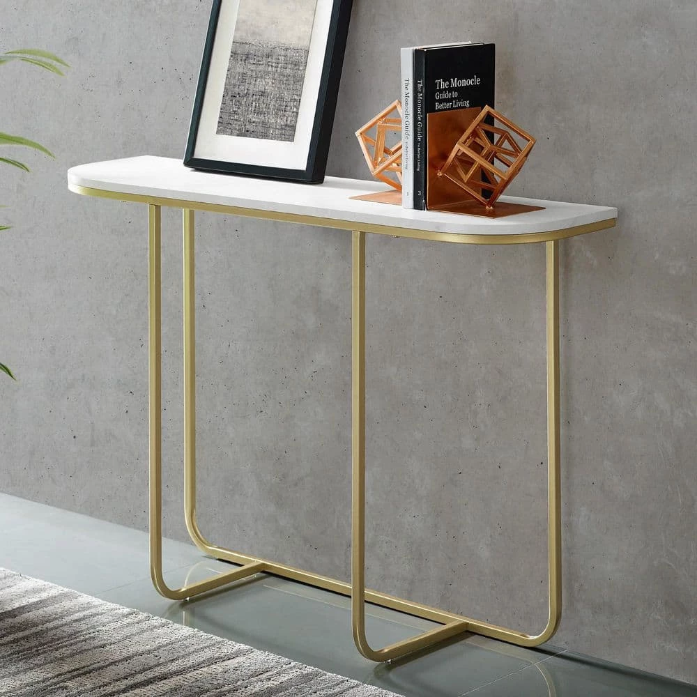 44 in. White/Gold Standard Rectangle Composite Console Table by Welwick Designs 7 44 in. White/Gold Standard Rectangle Composite Console Table by Welwick Designs - Image 7