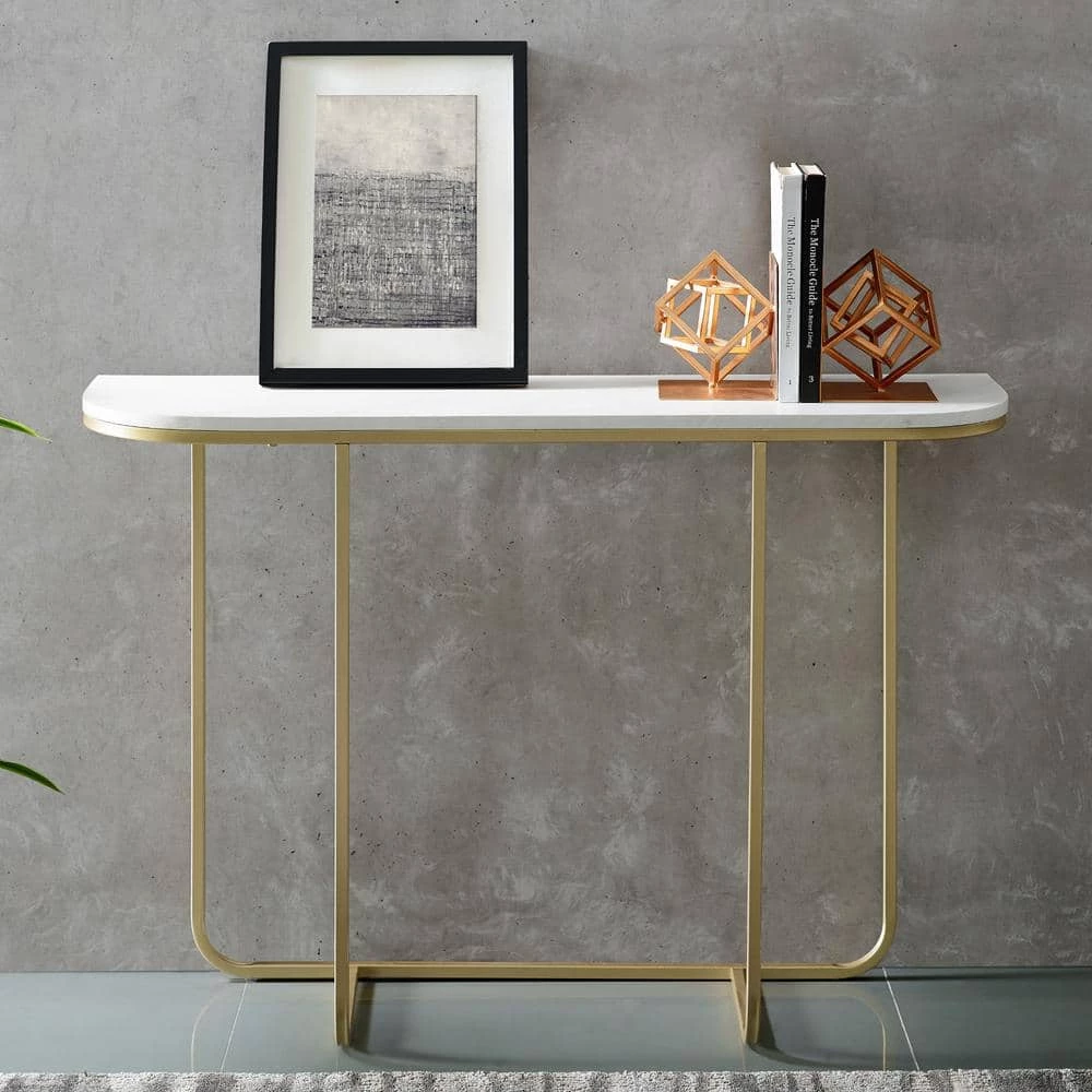 44 in. White/Gold Standard Rectangle Composite Console Table by Welwick Designs 1 44 in. White/Gold Standard Rectangle Composite Console Table by Welwick Designs